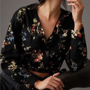 Anthropologie Black and Pink Crop Tie Front Blouse